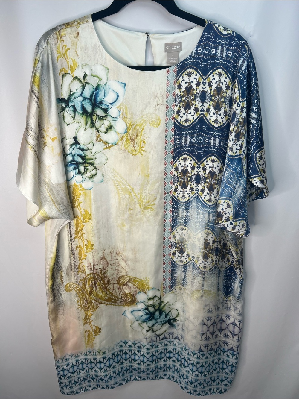 Chico's Blue, Cream & Gold Mixed Print Tunic Size 2